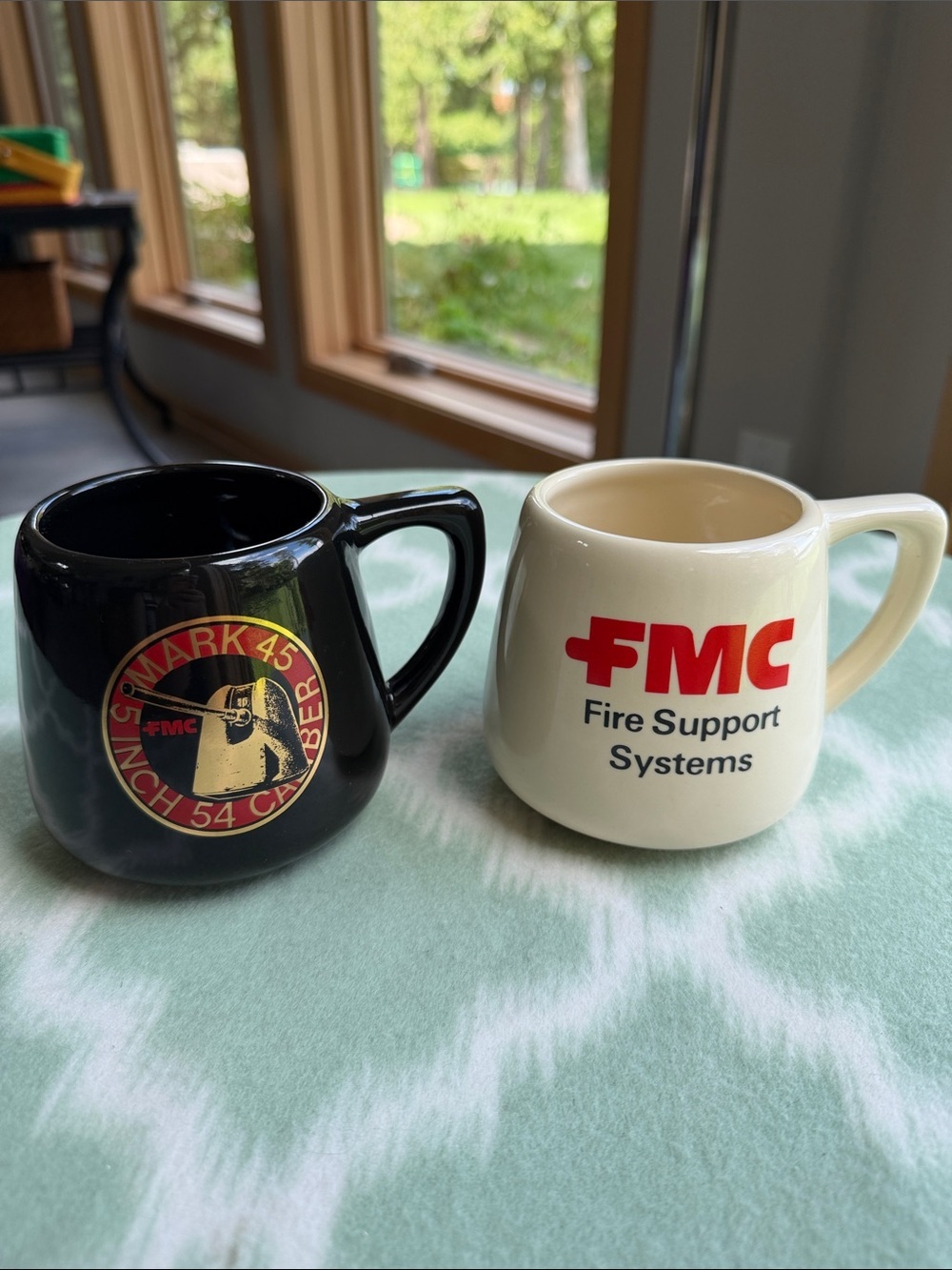Vintage FMC Military Defense Cream and Black Coffee Mugs made in USA